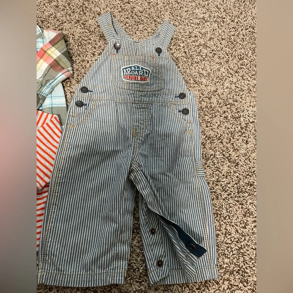 OshKosh B'gosh Blue & White Striped Overalls and 2 Shirts 1 plaid lg sleeves 9 M